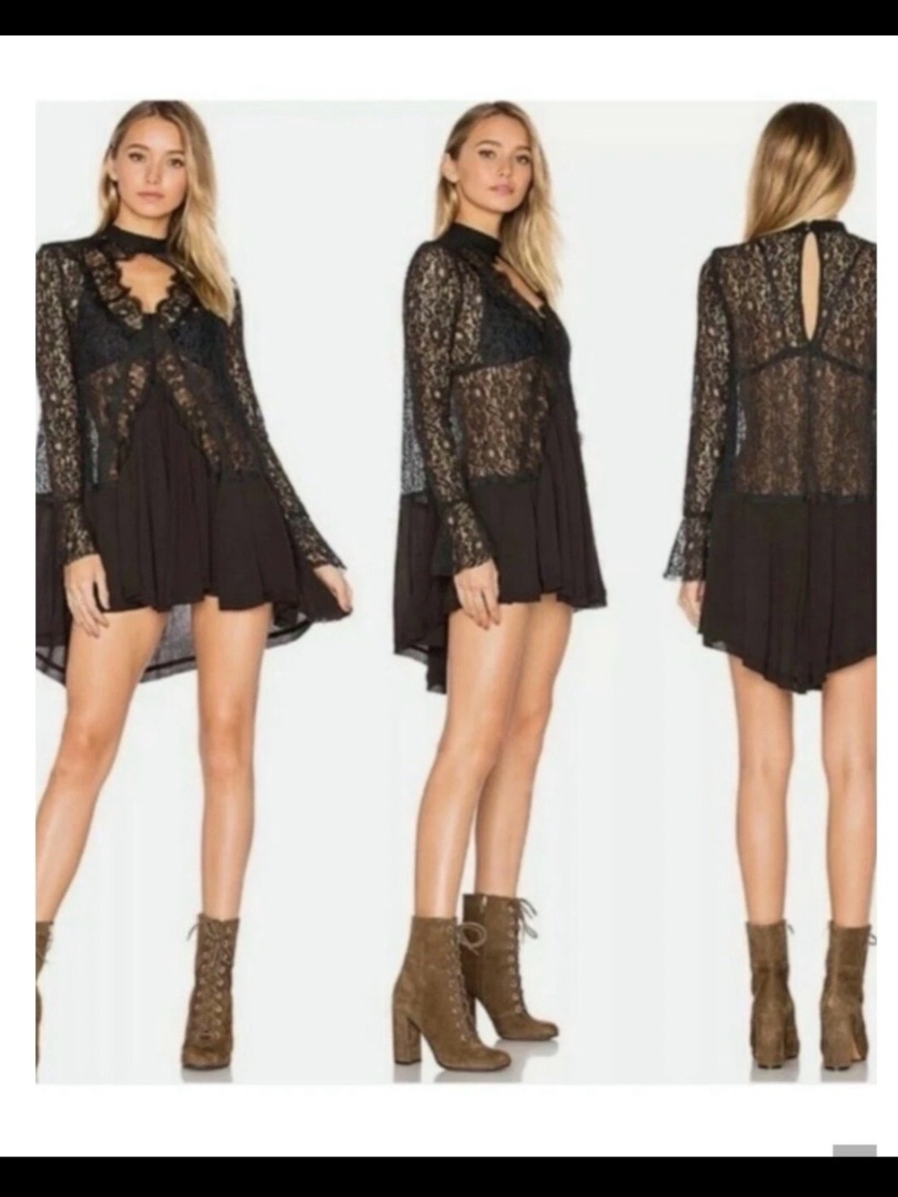 Free People Black Lace Tell Tale tunic mini dress - Size XS